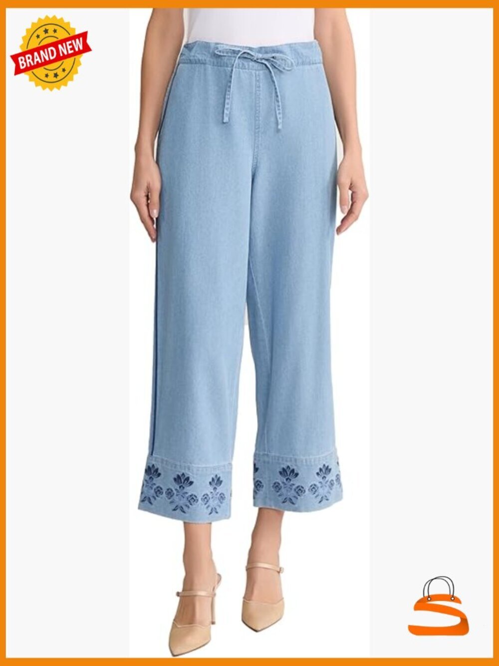 Embroidered Wide Leg Chambray Pant - Mid Rise Straight